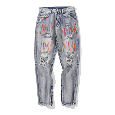 OEM washed Blue Ripped Jeans Unisex Straight Split Pants with Graffiti