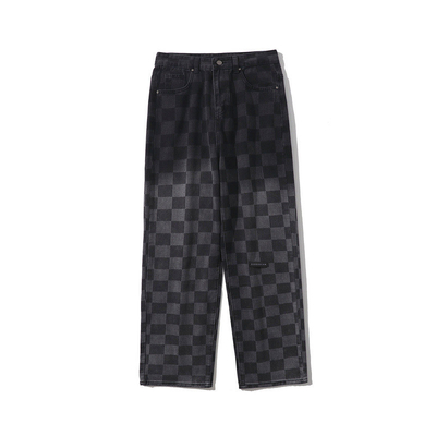Street Retro Gradient Checkerboard Jeans Unisex Fashion Pants Loose Straight Leg