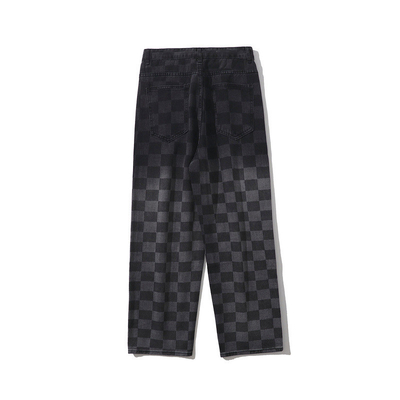 Street Retro Gradient Checkerboard Jeans Unisex Fashion Pants Loose Straight Leg