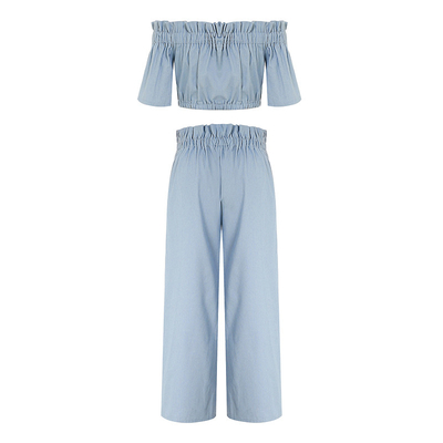 New Navel Crop Flounces Short Sleeve Trousers Jean Suit For Women