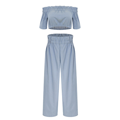 New Navel Crop Flounces Short Sleeve Trousers Jean Suit For Women