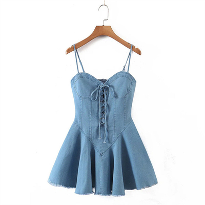 Street Style Lace Up Denim Slip Dress Hot Girl Spring Summer Denim Tie Waist Dress